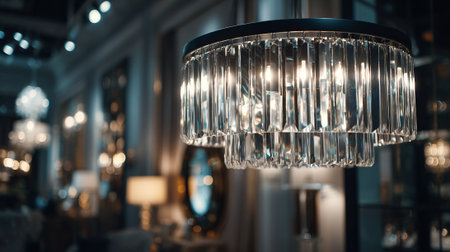 The photograph features a contemporary crystal chandelier, its clear, geometric shapes catching the light. Soft, blurred lights and other decorative objects are visible in the background, adding depth and ambiance to the room.の素材