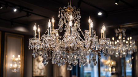 Elegant interior featuring a dazzling crystal chandelier with multiple lights. The luxurious fixture creates a warm ambiance in the surrounding space, suggesting opulence and refined taste.の素材