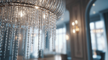 An eye-level, slightly soft-focus view of a crystal chandelier, adorned with cascading beaded strands, illuminating a stylish room. An arched doorway and wall sconces are seen in the background.の素材