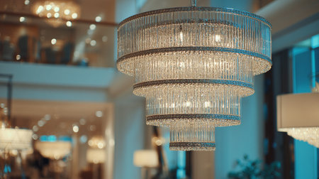 A tiered crystal chandelier with ornate detailing hangs from the ceiling, illuminating the upscale lobby. The blurred background shows architectural features, other lights, and the overall elegant ambiance.の素材