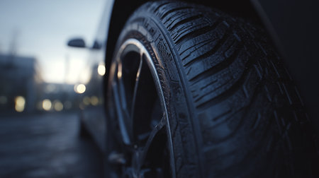 Car tire on the road in the evening. Close-up.の素材