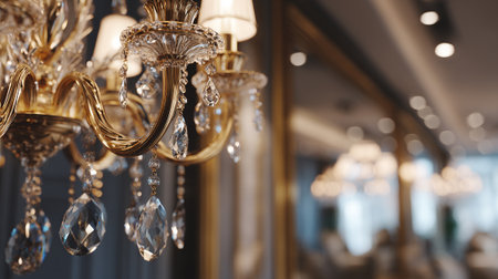 This image features an exquisite golden chandelier adorned with glittering crystal pendants, reflecting a sophisticated and luxurious aesthetic. Soft lighting creates a warm atmosphere, evoking a feeling of opulence and timeless elegance.の素材