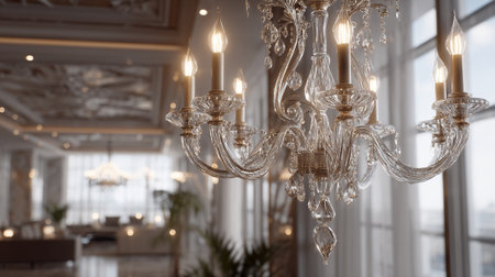 A stunning crystal chandelier dominates the foreground, radiating light and luxury. The blurred background reveals a spacious interior with elegant furniture, suggesting a high-end hotel lobby or reception area, creating a sophisticated atmosphere.の素材