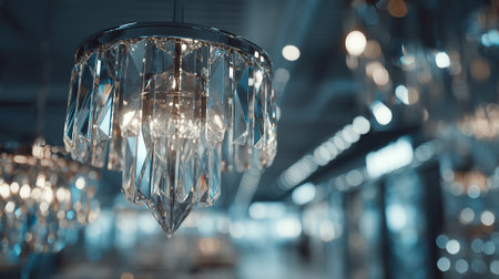 This photo showcases a crystal chandelier with delicate details, elegant design and a soft, glowing ambiance. The chandelier's refractive crystals beautifully reflect light in interior space, creating a sophisticated atmosphere, captured with bokeh effect.の素材