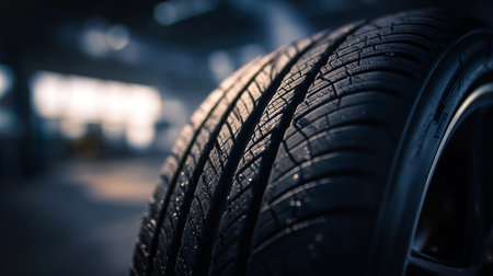 Car tire in auto repair shop. Selective focus. Shallow depth of fieldの素材