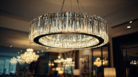 A brilliant crystal chandelier, comprised of stacked clear crystal prisms, hangs from a ceiling. Soft, blurred background elements suggest the opulence of its environment, with other chandeliers out of focus.の素材
