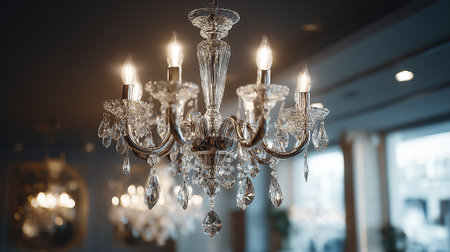 A refined crystal chandelier hangs elegantly, its faceted crystals catching and refracting the light from the bulbs. The room is softly illuminated, creating a warm and luxurious atmosphere.の素材