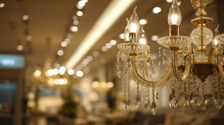 This captivating image showcases a stunning gold chandelier adorned with shimmering crystal drops, set against a softly blurred background, creating an ambiance of luxury and sophisticated style.の素材