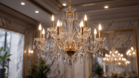 An exquisite chandelier, adorned with clear crystal pendants and golden fixtures, elegantly hangs in a sophisticated room. The setting features marble walls, decorative molding, and hints of lush greenery, embodying opulence and style.の素材