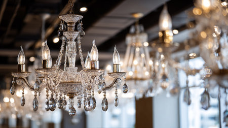 A photograph displaying a set of several elegant crystal chandeliers with intricate details. The chandeliers have multiple arms holding candle-shaped lights. The crystals catch and reflect light creating a sparkling effect, perfect for luxurious interiors.の素材