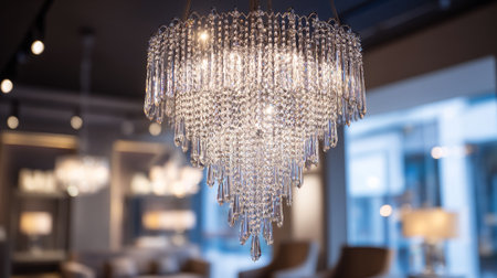 This image showcases a sparkling crystal chandelier with a pyramid shape. The lighting fixture is the focal point of the image, against a blurred, neutral interior setting with diffused light.の素材