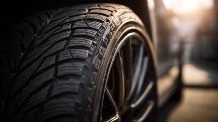 Close up of car tire in auto repair shop. Selective focusの素材