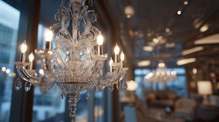 This image showcases a detailed crystal chandelier as a focal point in a luxurious setting. The soft, warm light from the chandelier highlights an elegant and refined aesthetic, complementing the space.の素材