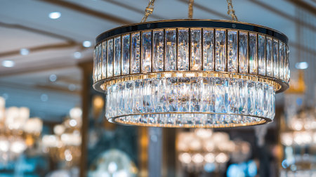 This image showcases a beautiful, two-tier crystal chandelier, featuring rectangular crystals and gold trim. The chandelier hangs from a ceiling, displayed amongst other light fixtures in a retail setting.の素材