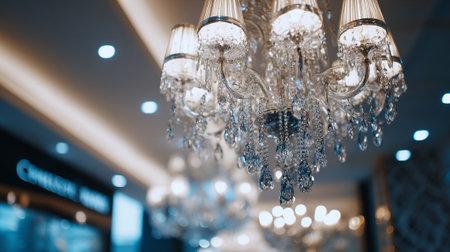 A low-angle shot showcases a beautiful crystal chandelier with lampshades, dripping with glistening crystals. The lighting fixture exudes a sense of luxury and sophistication, enhancing the room's ambiance with its elegant design and warm glow.の素材