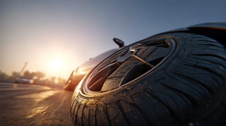Car tire on the road in the rays of the setting sun.の素材