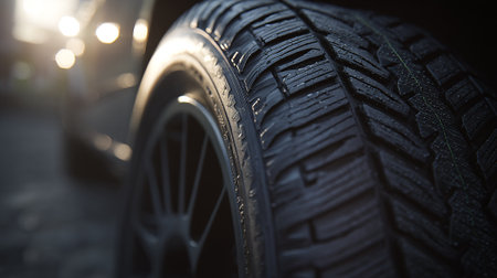 Close up of car tire on the road. Selective focus.の素材
