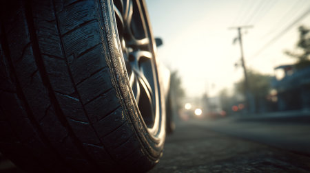 Car tire on the road in the evening. Close-up.の素材