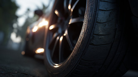 Car tires on the road at sunset, close-up. Selective focus.の素材