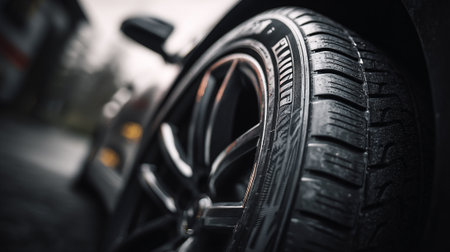 Close-up of a new modern car wheel with a blurred backgroundの素材