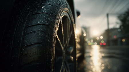 Car tires in the rain on a city street at night, shallow depth of fieldの素材