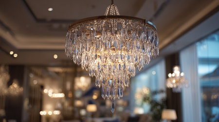 This image highlights a stunning crystal chandelier with cascading prisms, radiating light throughout an elegant room. The lighting fixture adds a touch of refined luxury to the contemporary interior design.の素材
