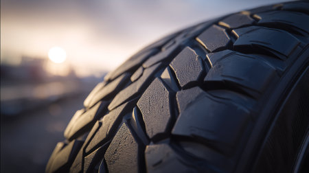 Car tire close-up on the background of the city at sunsetの素材