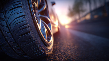 Car tires on the road at sunset. 3d rendering image.の素材