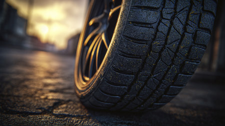 Car tire on the road in the evening. 3d rendering.の素材