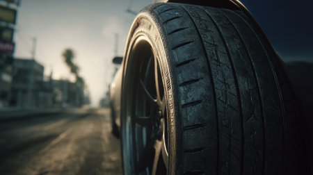 Car wheel on the road in the evening. Selective focus.の素材