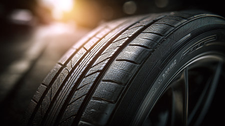 Car tires closeup on blurred background. 3D Rendering.の素材