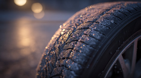Closeup of car tyre covered with hoarfrost on blurred backgroundの素材