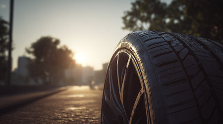 Car wheel on the road at sunset. Car tire close up.の素材