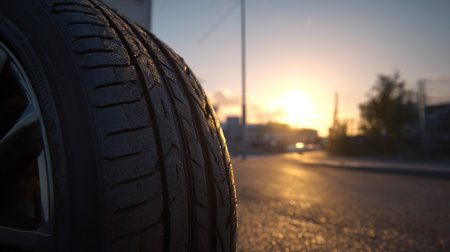Car tire on the road at sunset. Close-up. Selective focus.の素材