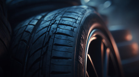 Close up of car tires. Tires on the road. 3d renderingの素材