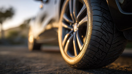 Close up of a car wheel on a blurred background. Selective focus.の素材