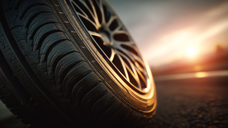 Car tires on the road at sunset. 3d render illustration.の素材