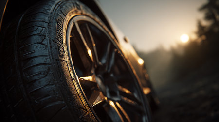 Close-up of the wheel of a car in the rays of the setting sunの素材