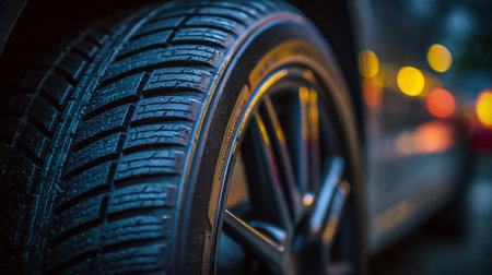 Car tire close up on the road in the evening. Selective focus.の素材