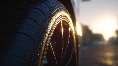 Car tire on the road at sunset. Selective focus. Shallow depth of field.の素材
