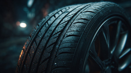 Car tires with water drops close-up. Car repair concept.の素材