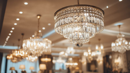 This photograph showcases multiple opulent crystal chandeliers illuminating a lavish interior space. The scene is filled with elegance and highlights the ornate details of the light fixtures and their surroundings.の素材