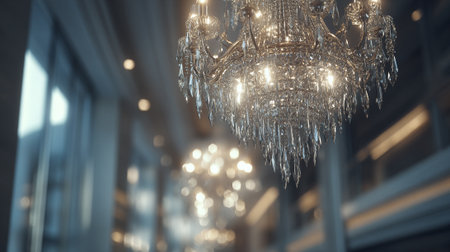 This image shows crystal chandeliers hanging indoors in an elegant setting. The chandeliers add a touch of luxury and glamour to the atmosphere, enhancing the sophisticated setting for any type of event.の素材