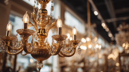 This image showcases a beautifully designed golden chandelier with intricate details, crystal pendants, and lit light bulbs. The lighting creates a warm, inviting ambiance and adds a touch of luxury to the space.の素材