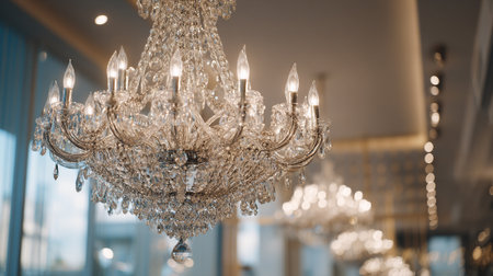 A gleaming crystal chandelier, draped in glittering pendants, hangs elegantly in a blurred interior setting. Several chandeliers recede into the background adding depth to the ornate design with ambient light.の素材