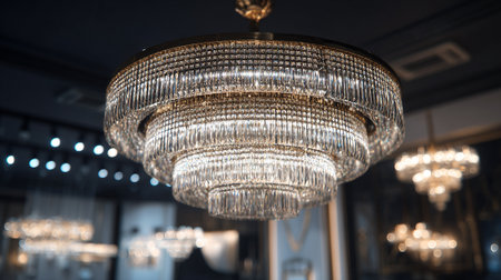 This image showcases a multi-tiered crystal chandelier, beautifully radiating light. The interior is adorned with other chandeliers creating a luxurious and sophisticated atmosphere. The details and elegance are prominent, reflecting high-end design.の素材