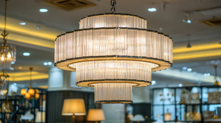 This image showcases a tiered chandelier featuring clear crystal rods. The fixture is lit, emitting warm light. Other lamps and decorative items are seen in the background, creating an inviting atmosphere.の素材