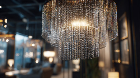 This image showcases a luxurious tiered crystal chandelier, illuminating a contemporary, softly blurred interior. The elegant lighting fixture creates a warm ambiance within a space accented with tasteful decor and artwork.の素材