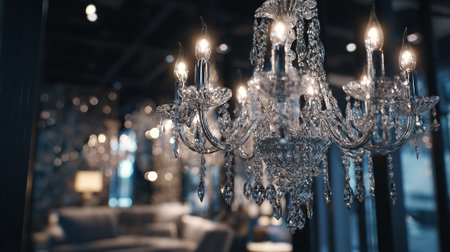 This captivating image showcases a crystal chandelier with intricate details and warm lighting. The composition highlights the chandelier's elegance and creates a cozy, sophisticated atmosphere within a beautifully designed interior space.の素材