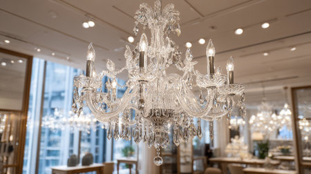 A beautifully ornate crystal chandelier hangs prominently in a stylish interior space. The chandelier features multiple tiers of sparkling crystals and candelabra-style lights, creating an ambiance of luxury and refinement.の素材